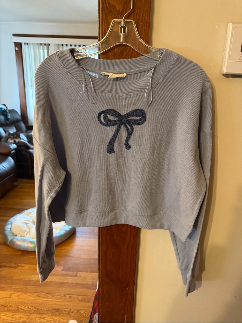 Light Blue Cropped Sweatshirt with Navy Bow Detail - Women